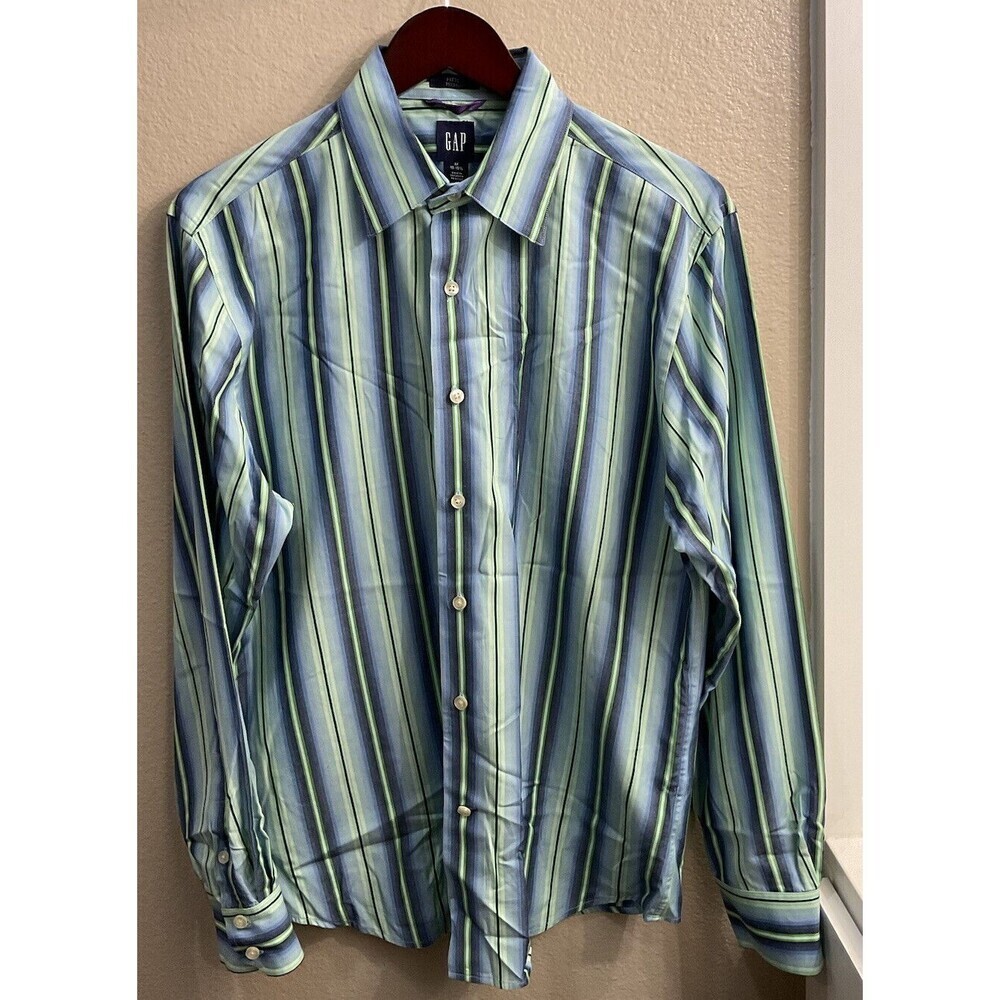 Gap Fitted Premium Mens M 15-15 1/2 Blue Green Striped Long Sleeve Button Up U